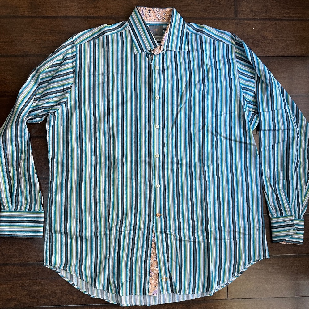 Thomas Dean Blue Green Stripe Long Sleeve Shirt Sz XL